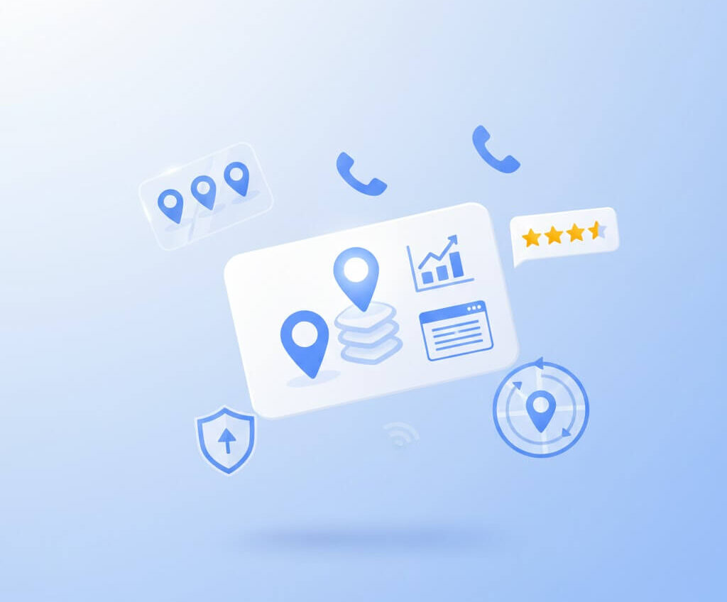 Illustration showing improved Google Maps visibility for a local business, with map pins, increased calls, review ratings, and growth indicators from Google Business Profile optimization
