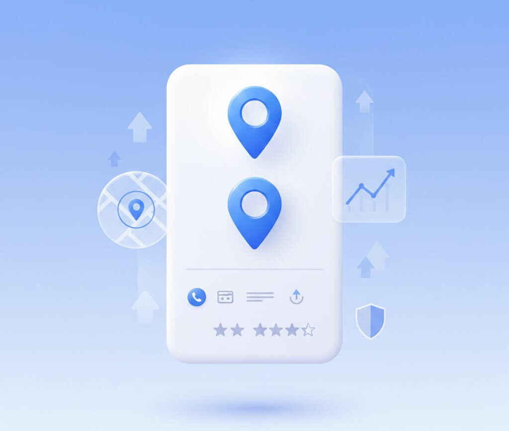 Illustration showing a Google Business Profile card with multiple location pins, rising arrows for growth, star ratings, contact icons, and security symbols, representing improved local visibility, rankings, trust, and business growth through profile optimization and management