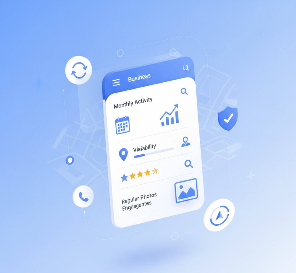 Illustration showing a Google Business Profile activity dashboard with monthly updates, visibility growth, customer ratings, regular photo engagement, and performance tracking icons around a mobile business app interface