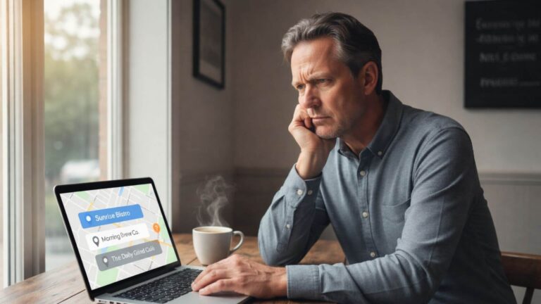 Business owner checking Google Maps listing performance on laptop for local SEO and GMB management services