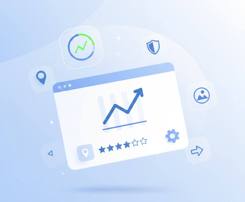 Illustration of a business performance dashboard showing rising growth graph, star ratings, location pin, security shield, and settings icon, representing improved local SEO visibility, reputation management, and ongoing Google Business Profile optimization.