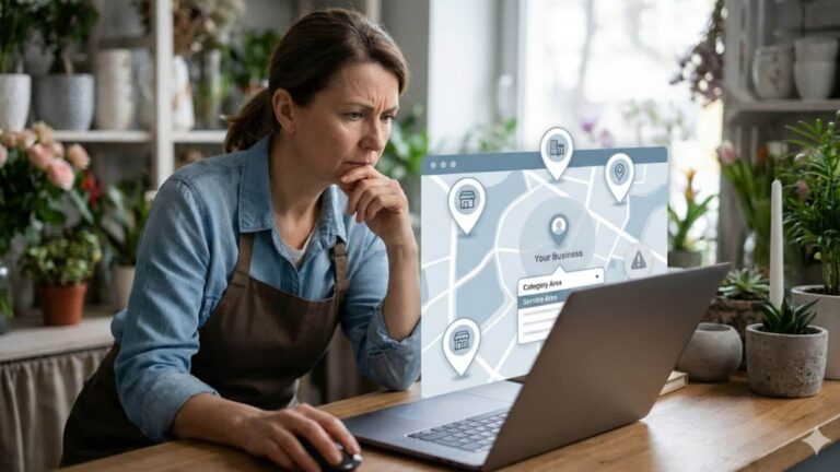 Business owner reviewing a Google Maps listing on a laptop and noticing reduced visibility due to incorrect business category selection