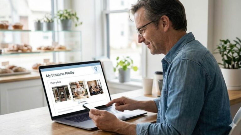 Business owner reviewing and uploading real photos to a Google Business Profile inside a local workspace