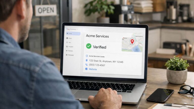 Verified business profile dashboard displayed on a laptop, highlighting business location on map, contact details, and approval status in a real office environment.