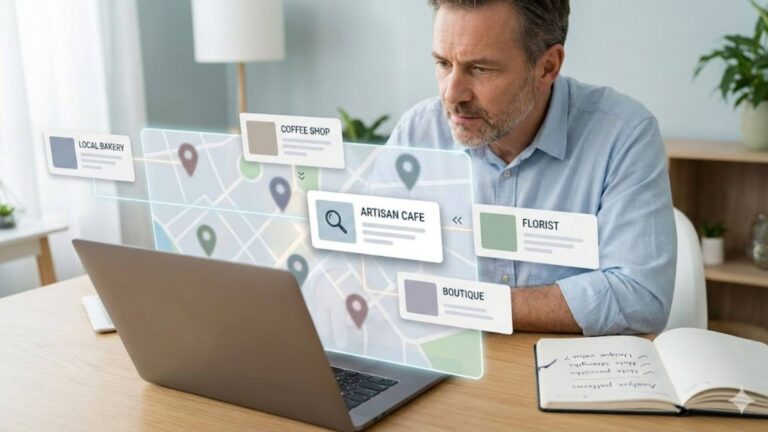 Business owner analyzing competitor categories on a Google Maps-style interface using a laptop in a professional workspace