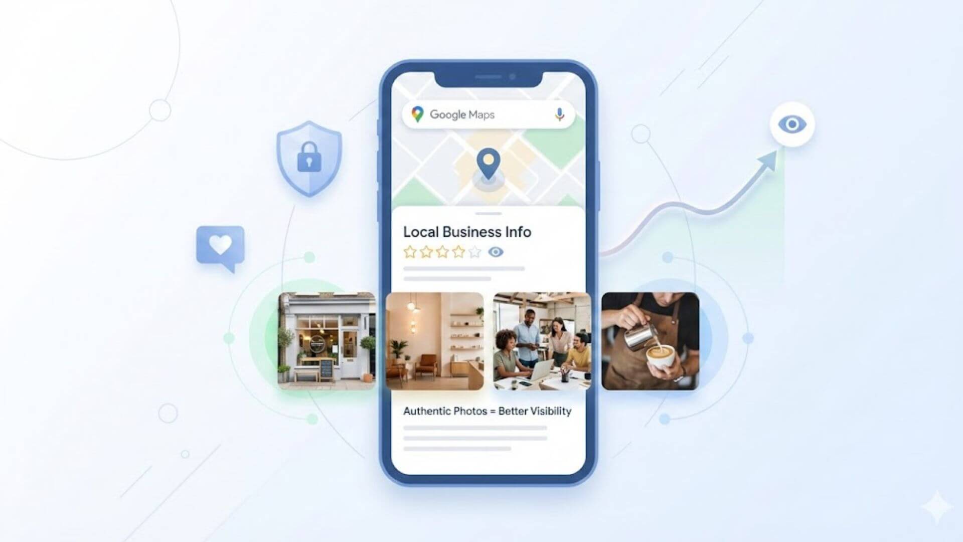 Google Maps business listing with real storefront, interior, and team photos to explain how images support trust, engagement, and local Maps visibility