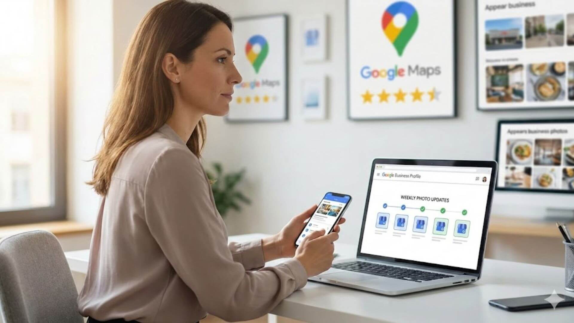 Local business owner uploading photos to Google Business Profile on a weekly schedule to maintain search ranking and local visibility