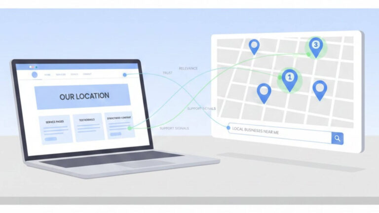 Local SEO strategy illustration showing website location pages improving Google Maps rankings for nearby businesses