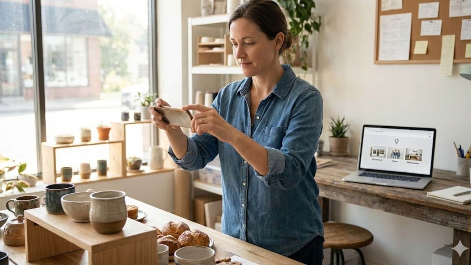 Business owner using a smartphone to take clear photos inside a local workspace for a Google Business Profile