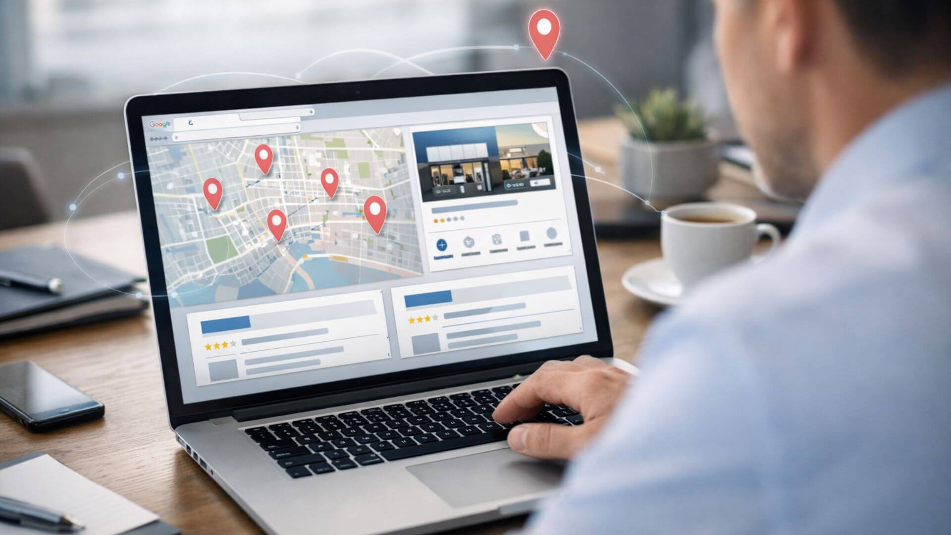 Business owner reviewing Google Maps visibility and local SEO data on a laptop in a modern workspace, showing consistent business listings and location signals.