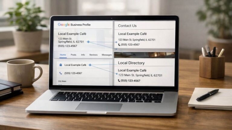 NAP consistency example showing Google Business Profile, website contact page, and local directory listings for local SEO optimization
