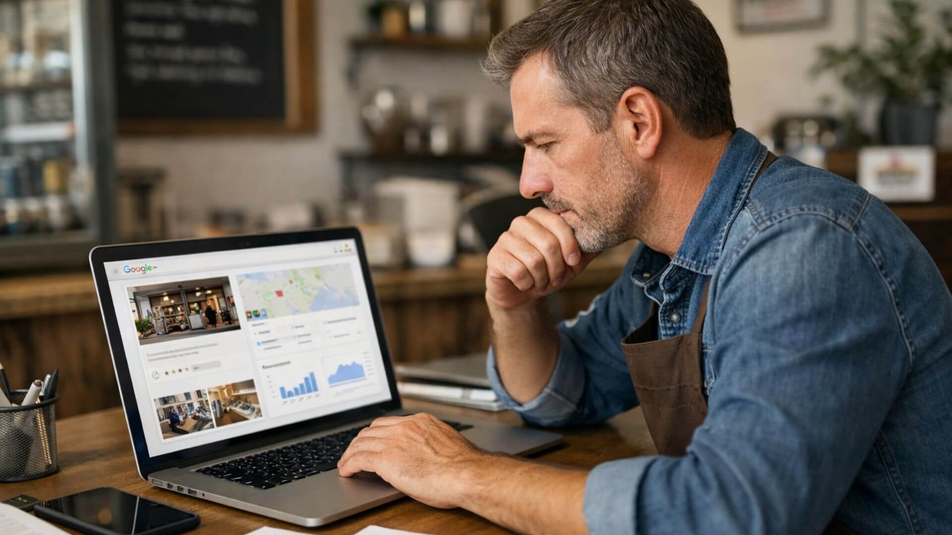 Small business owner reviewing Google Business Profile details on a laptop in a professional office, ensuring accurate information and compliance to maintain profile stability and avoid suspension.