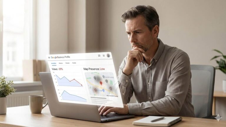 Local business owner reviewing Google Business Profile analytics showing low views and reduced map visibility caused by hidden Google business visibility filters.