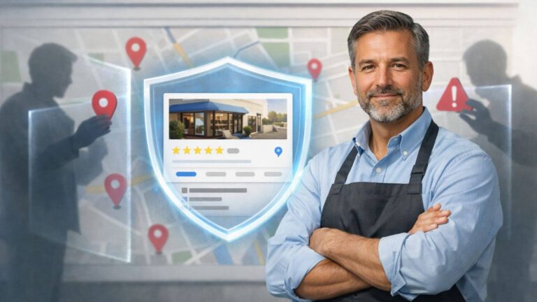 Local business owner protecting Google Maps listing with security shield while competitors’ edits are blocked.