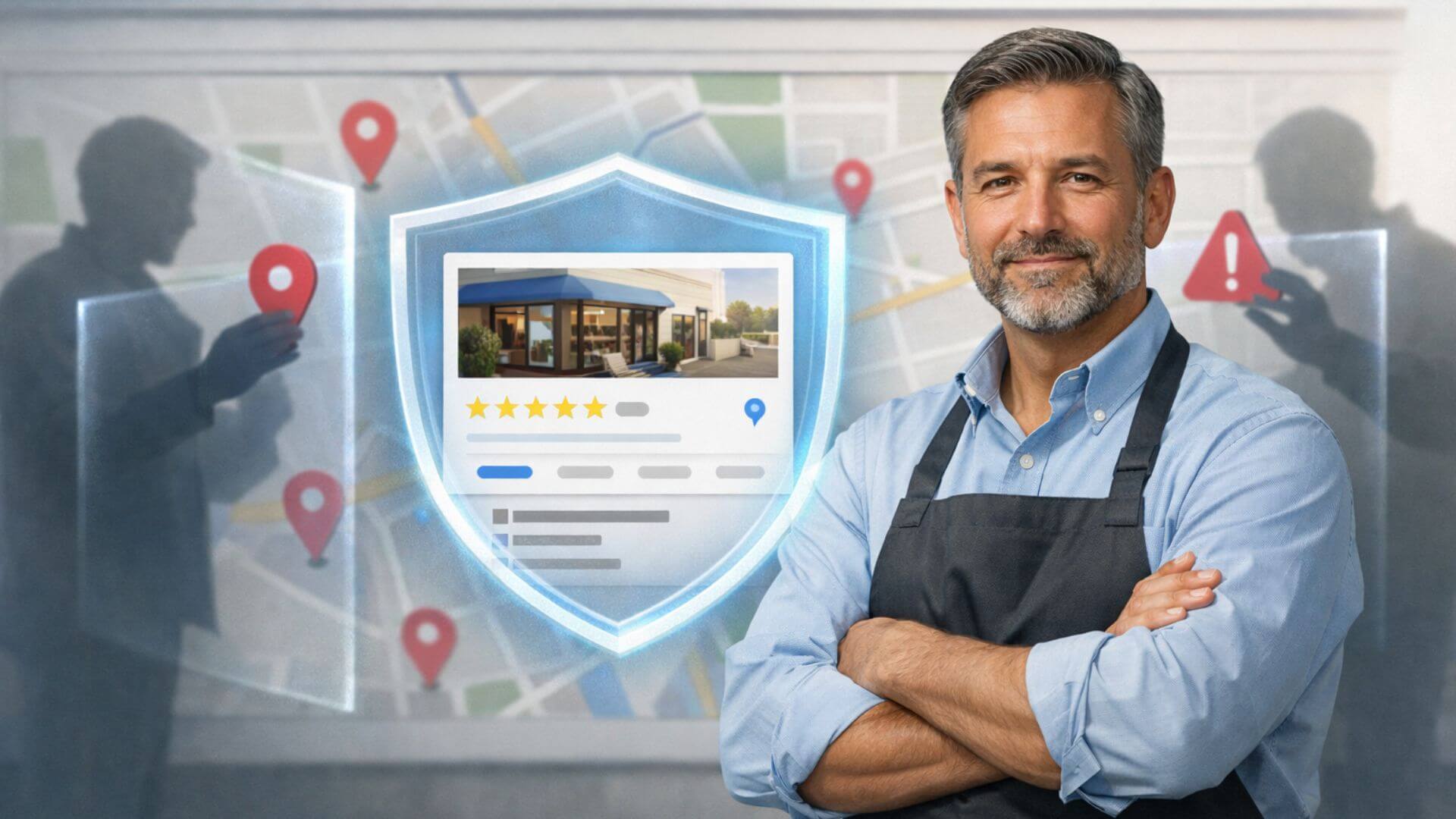 Local business owner protecting Google Maps listing with security shield while competitors’ edits are blocked.