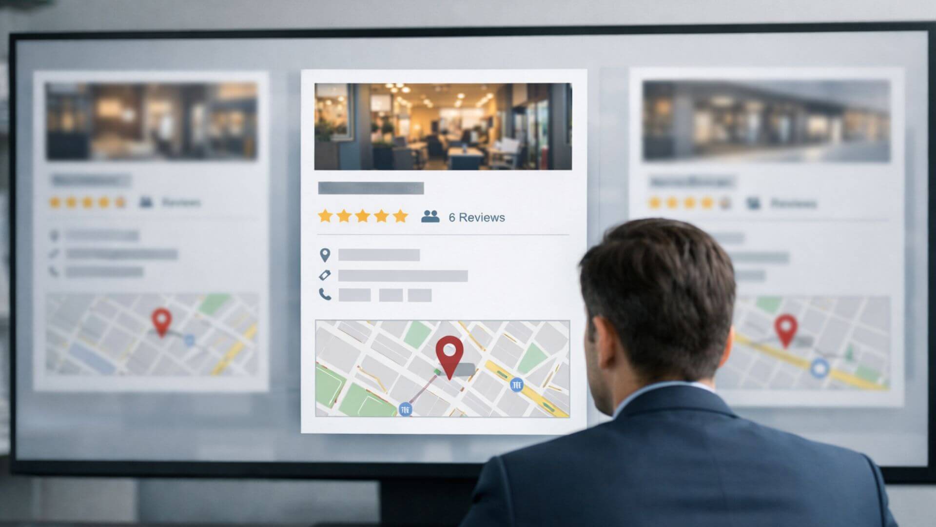 SEO professional performing Google Business Profile competitor analysis using Google Maps listings, reviews, star ratings, and categories.