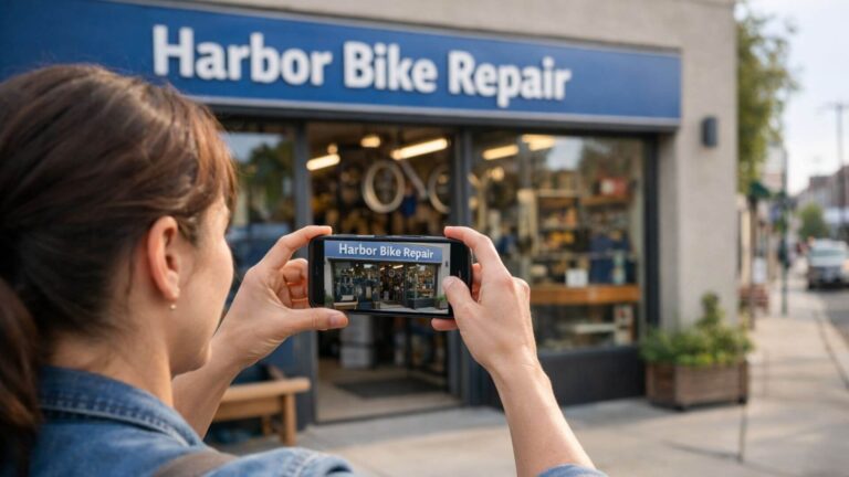 Small business owner recording a business verification video outside a real storefront, capturing clear exterior signage and authentic street context in natural daylight