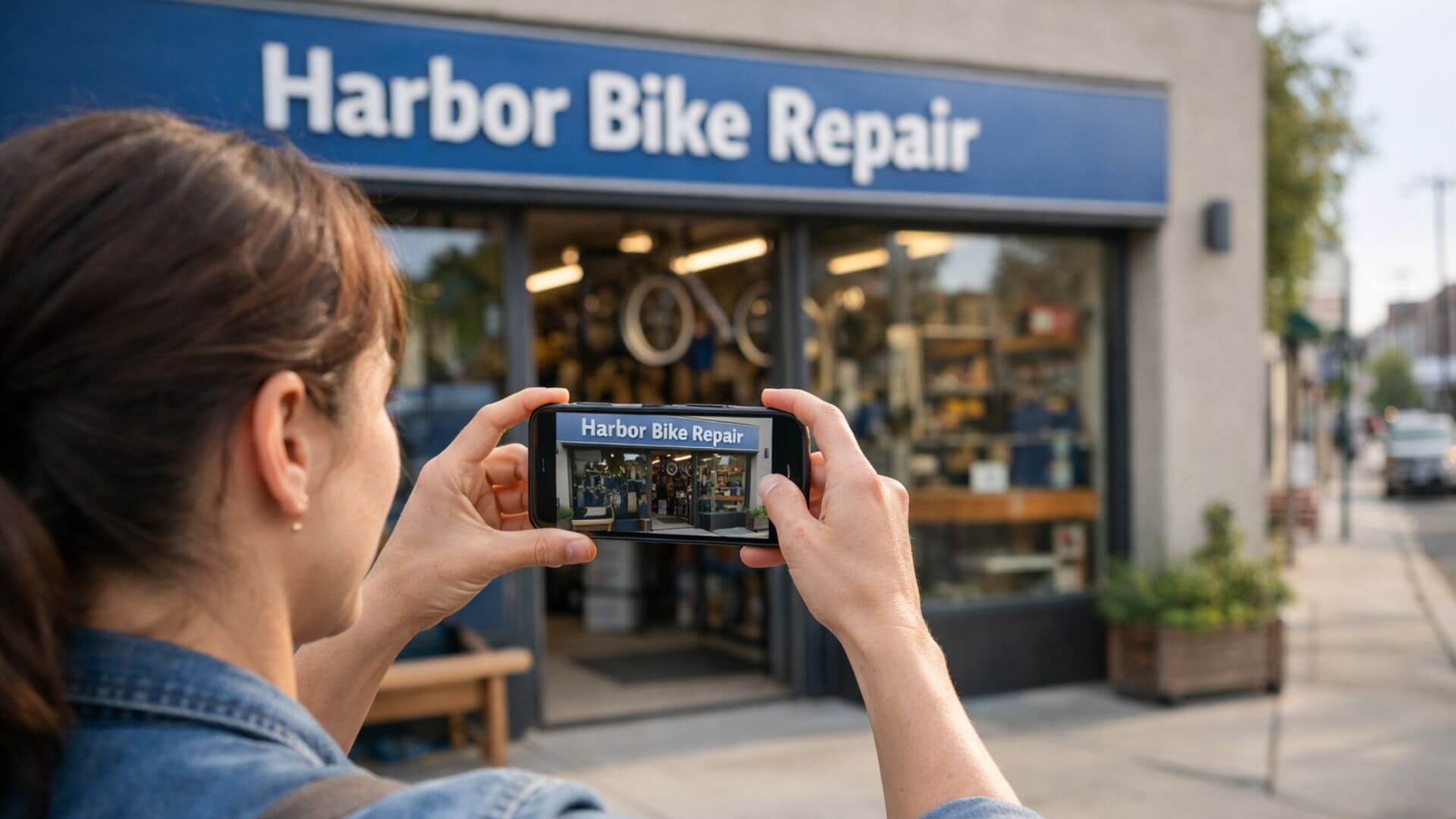 Small business owner recording a business verification video outside a real storefront, capturing clear exterior signage and authentic street context in natural daylight