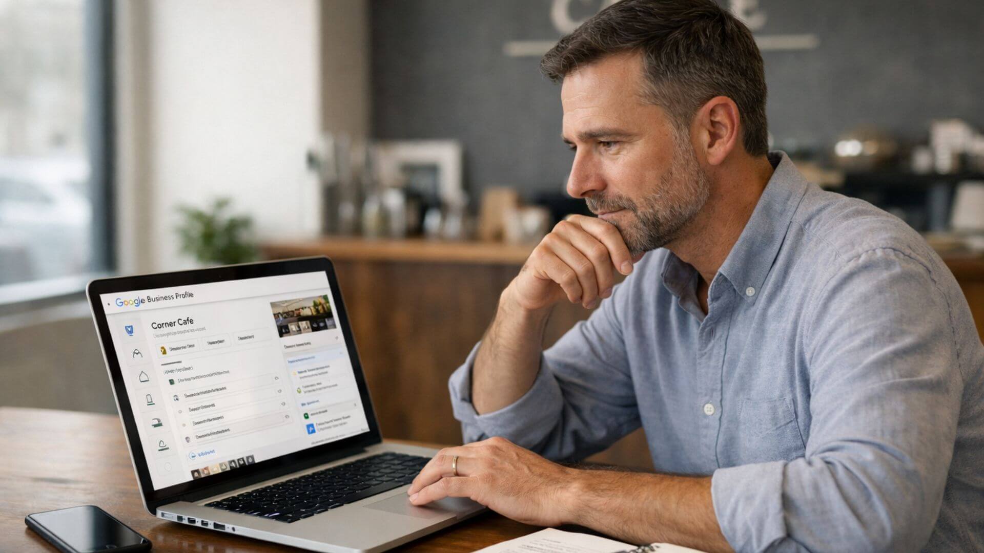 Business owner carefully reviewing Google Business Profile details on a laptop in a calm office environment, using a checklist to make safe profile updates and protect local search rankings._GMB Management USA