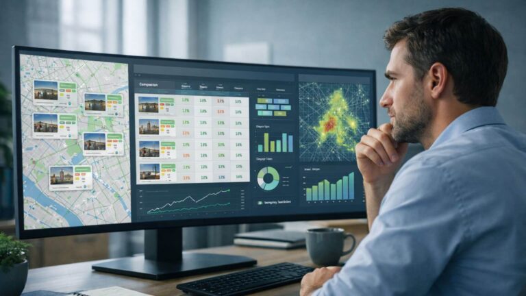 Digital marketing strategist analyzing Google Maps business listings on a widescreen monitor with comparison grids, review charts, category tags, and geo heatmaps in a modern office.