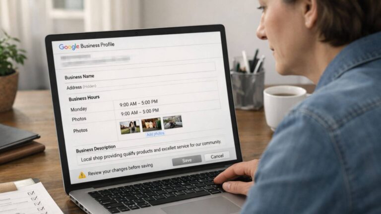 Small business owner carefully updating a Google Business Profile on a laptop, reviewing business hours, photos, and description before saving changes, showing safe and verified Google Business Profile management in a professional workspace.