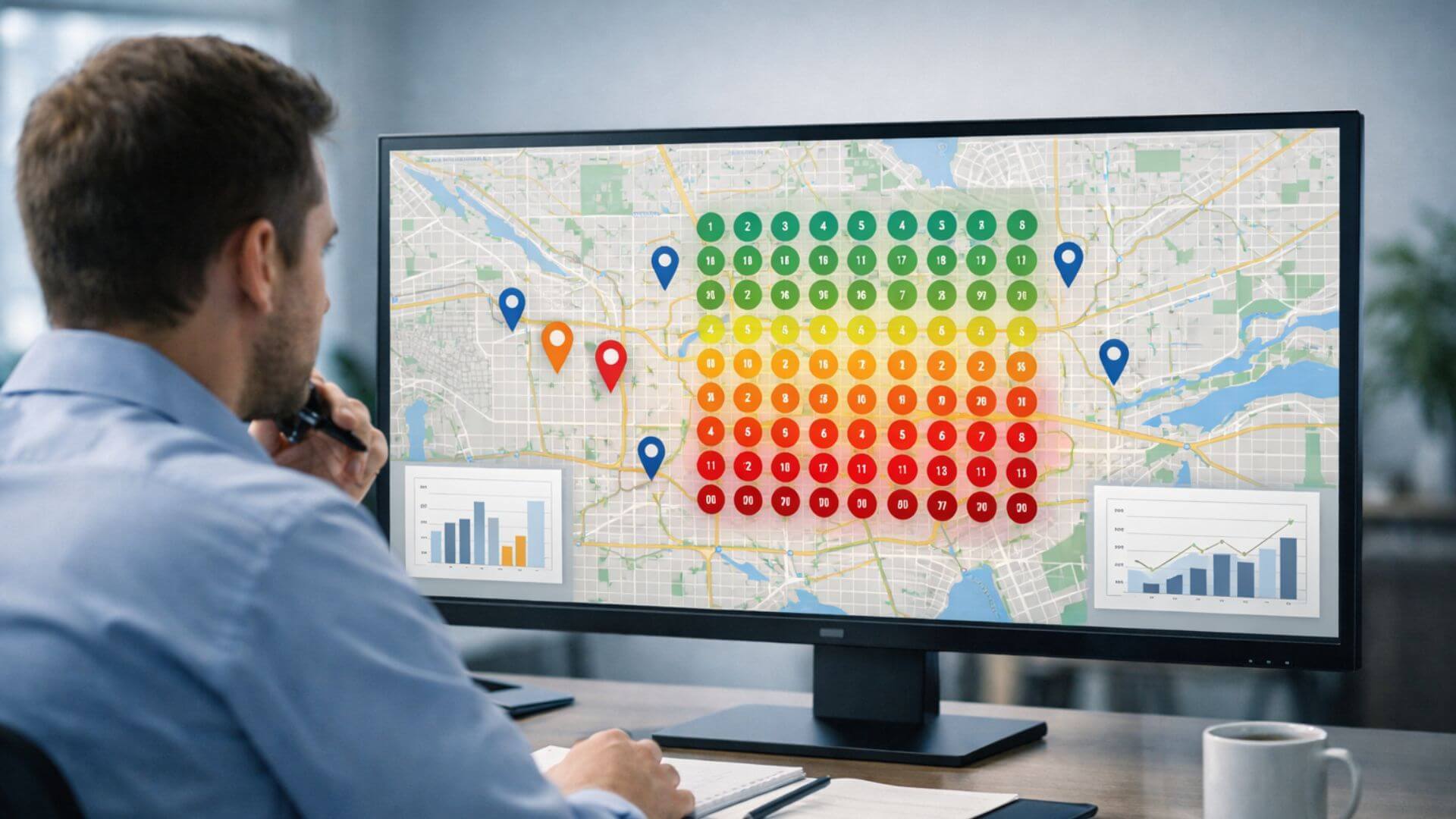 Digital marketer analyzing competitor Google Maps ranking heatmap with geo-grid data, location pins, and local SEO performance charts on a desktop monitor.